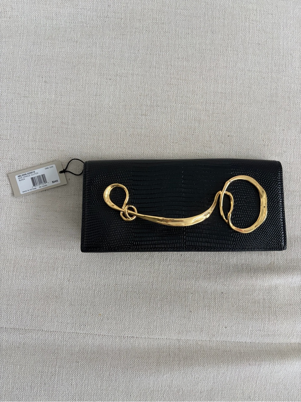 NWT Alexis Bittar Clutch | Black Lizard-Embossed Purse with Gold Metal Twist - Picture 16 of 17